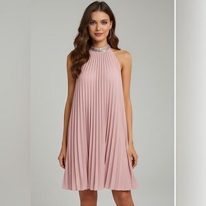 Pink Sequin Pleated Detail Halter Neck Dress